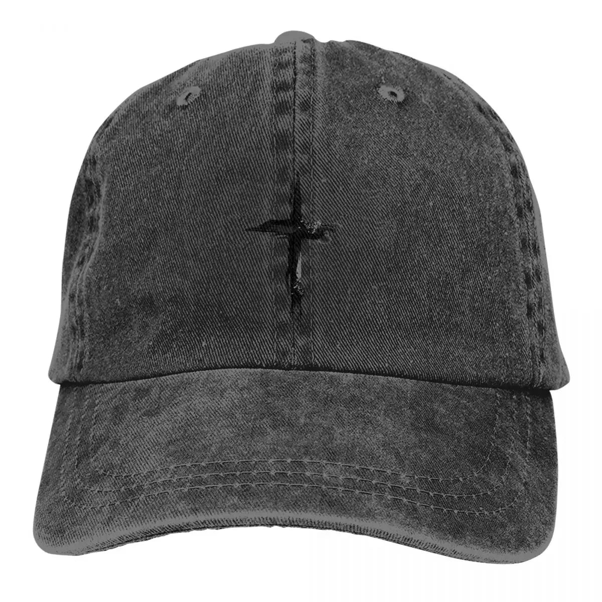 Gray cap with a black cross design on a white background