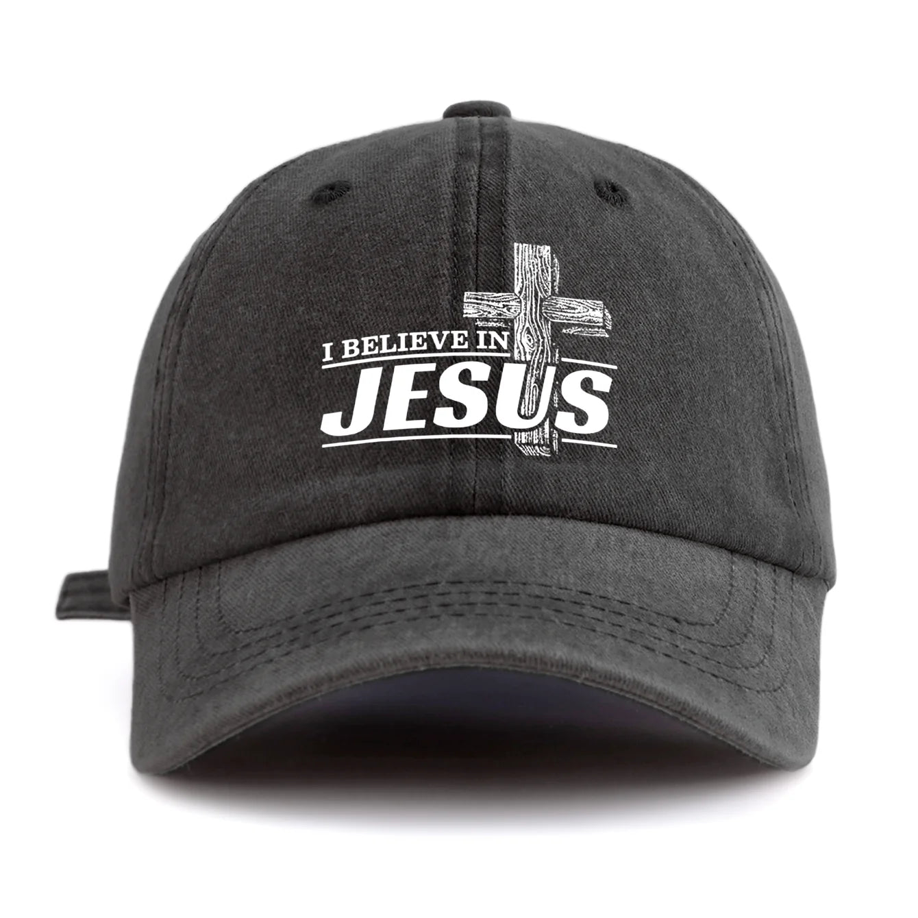 Black cap with 'I Believe in Jesus' text and cross on a white background