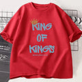 Red t-shirt with blue text 'King of Kings' on a white background
