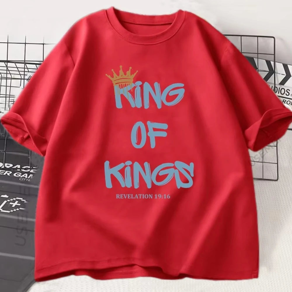 Red t-shirt with blue text 'King of Kings' on a white background