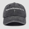 Gray cap with 'Corinthians 16:14' text and cross on a light gray background
