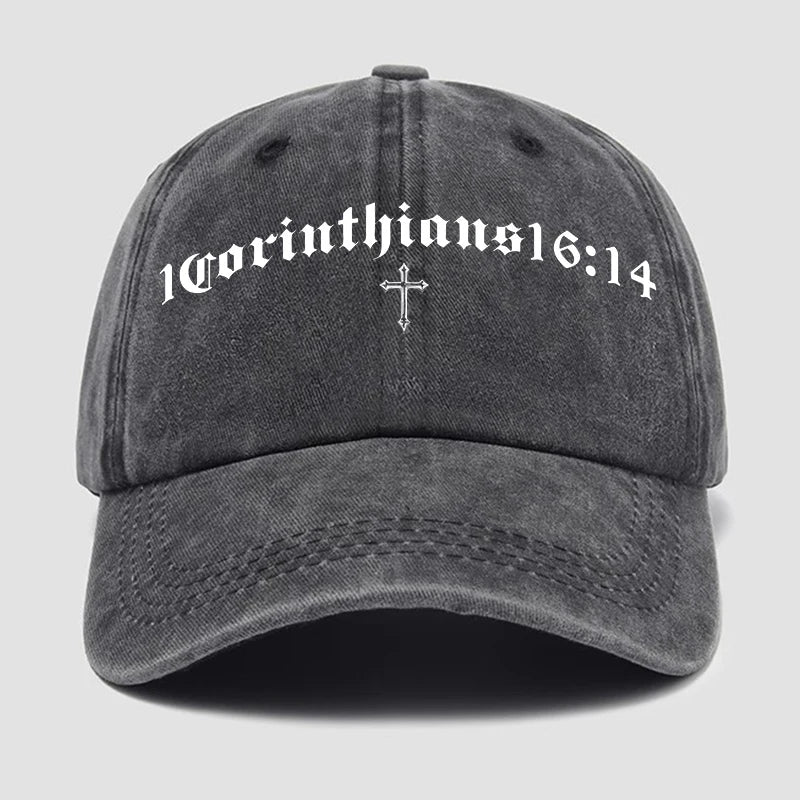 Gray cap with 'Corinthians 16:14' text and cross on a light gray background