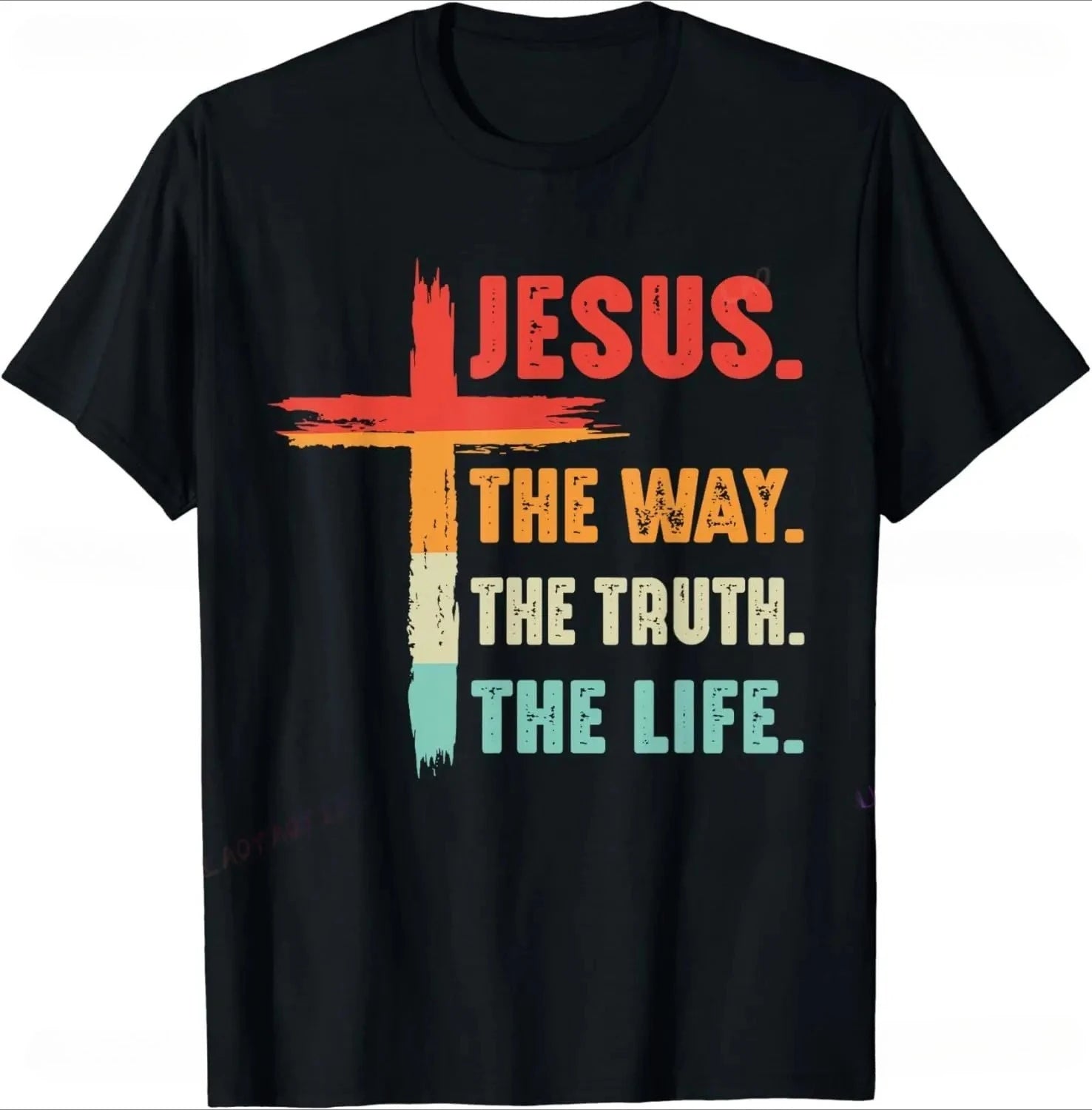 Black t-shirt with colorful text and cross design on a white background
