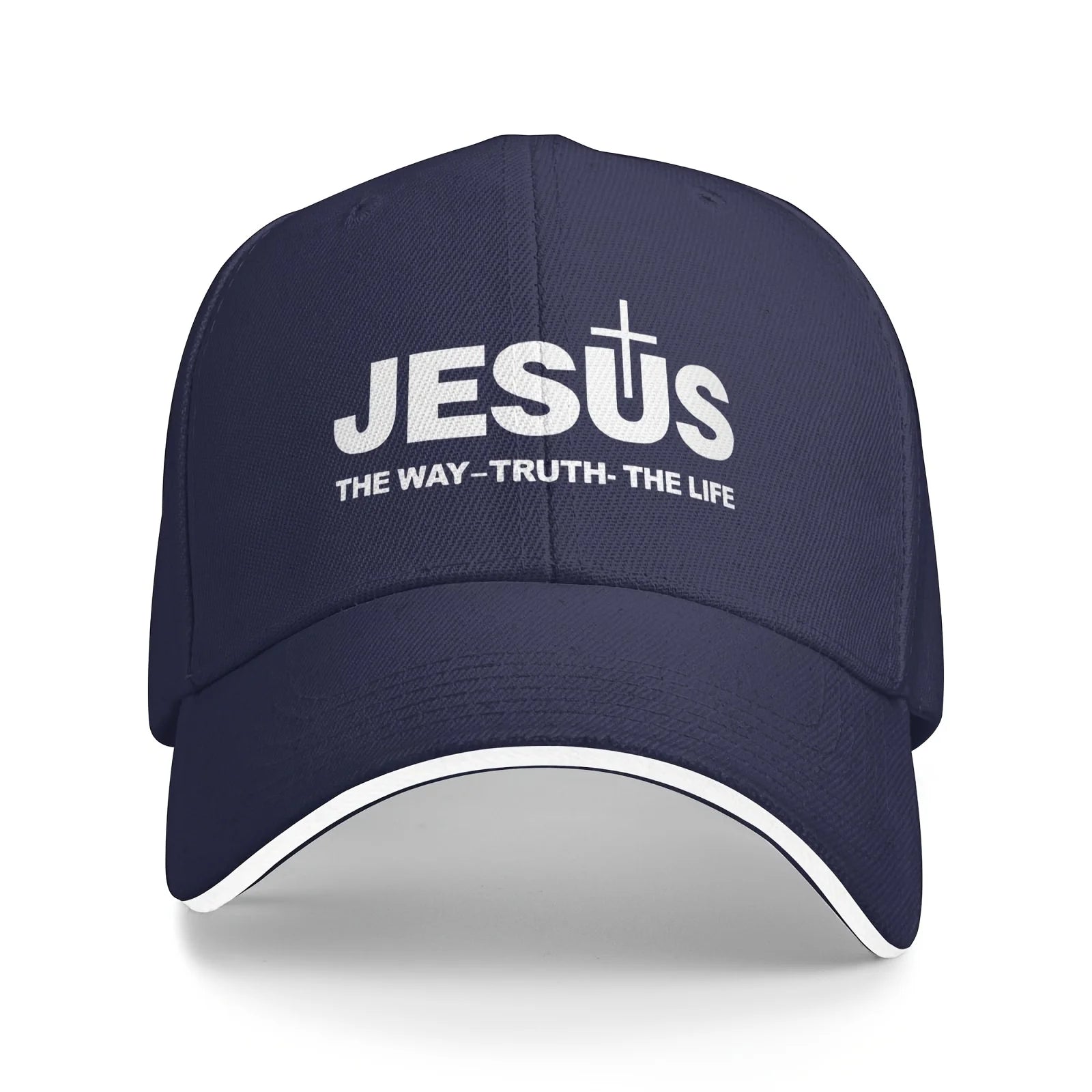Navy blue cap with 'Jesus The Way Truth Life' text on a white background