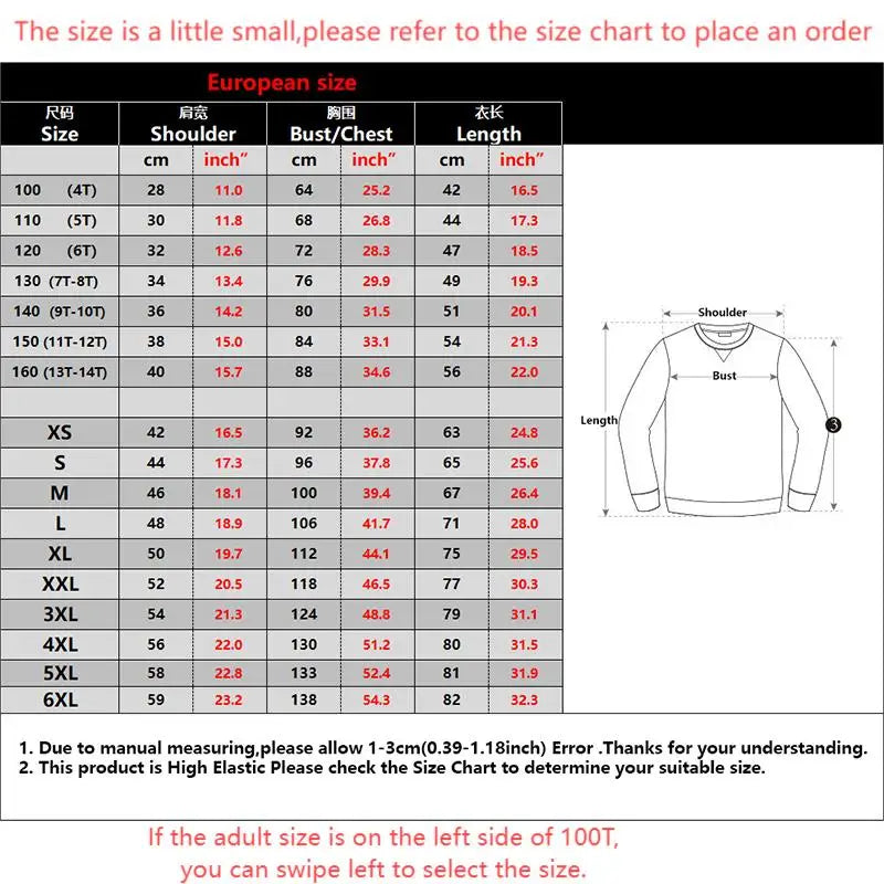 Size chart for clothing with measurements in centimeters and inches.
