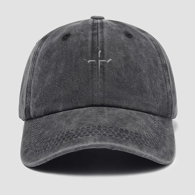 Gray cap with 'faith' emblem on a light gray background