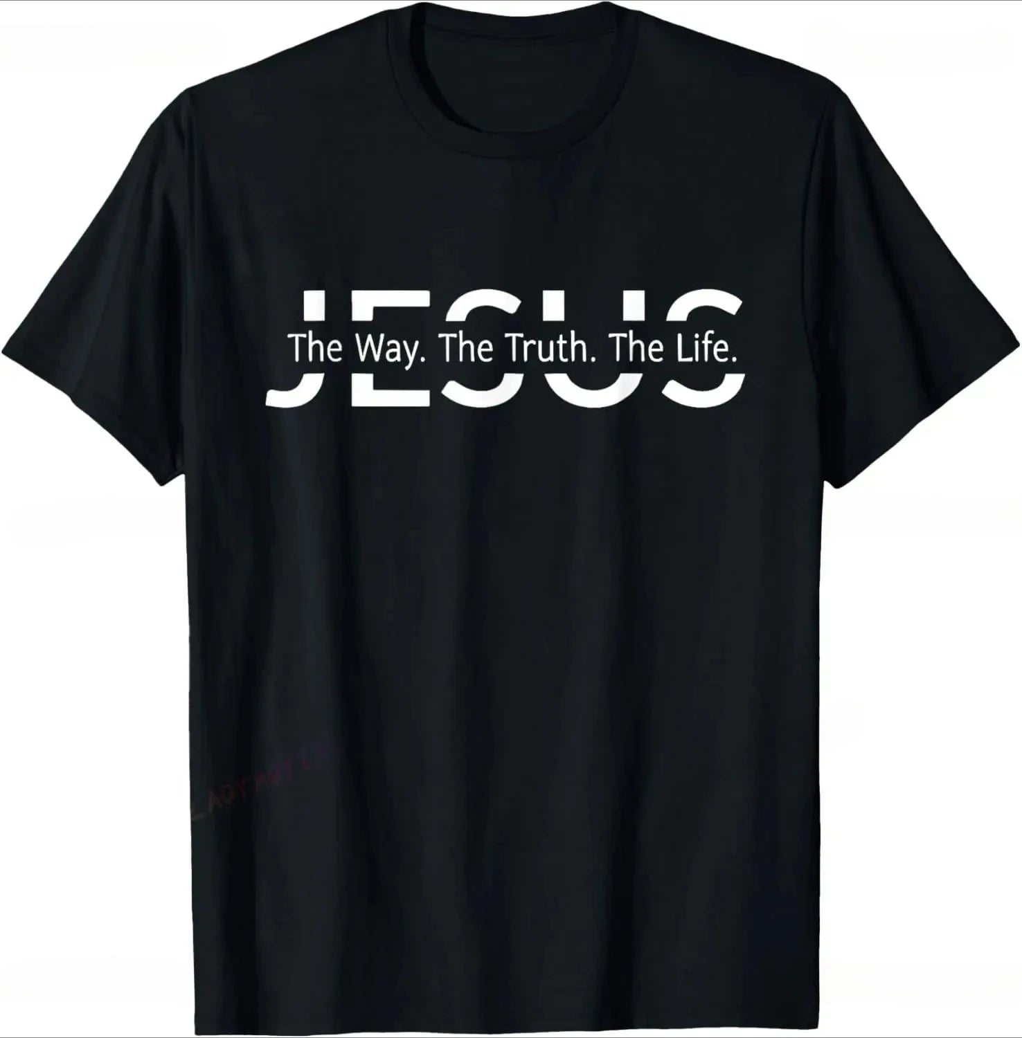Black t-shirt with 'JESUS The Way. The Truth. The Life.' text on a white background