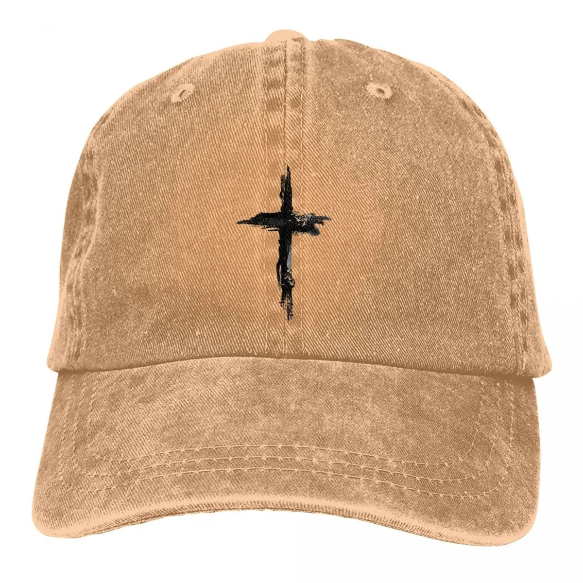 Beige cap with a black cross design on a white background