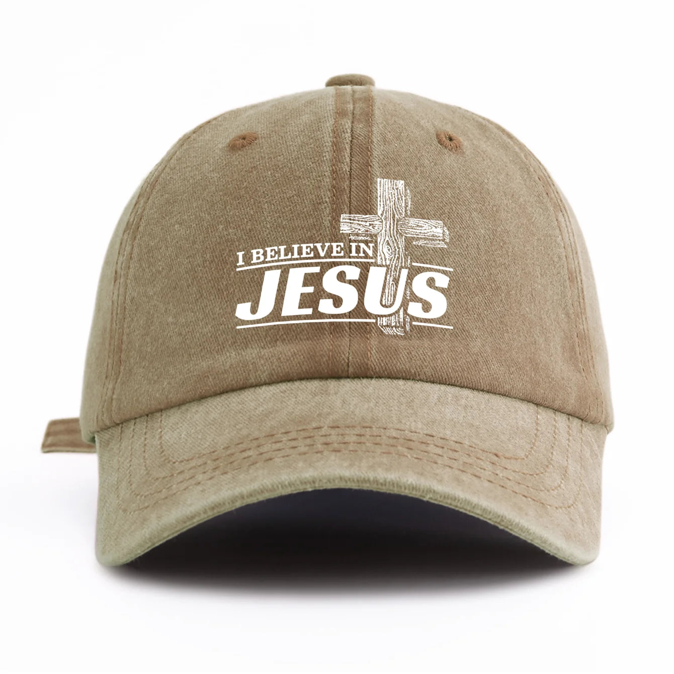 Beige cap with 'I Believe in Jesus' text and cross on a white background