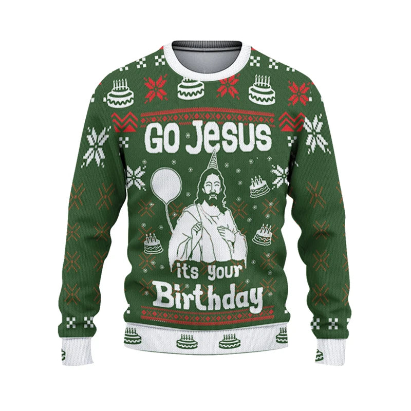 Green sweater with Jesus graphic and text 'Go Jesus it's your Birthday' on a white background