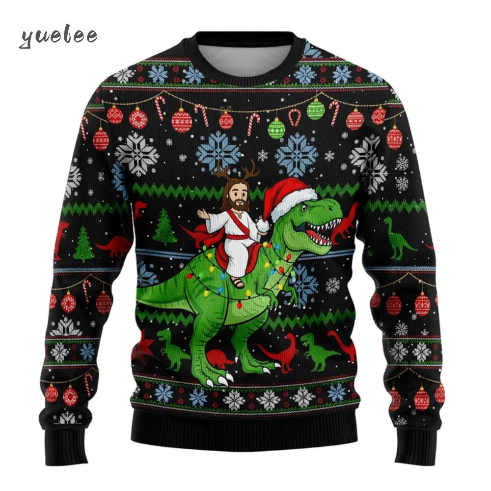 Christmas-themed sweater with a dinosaur and Santa design, featuring colorful ornaments and snowflakes.