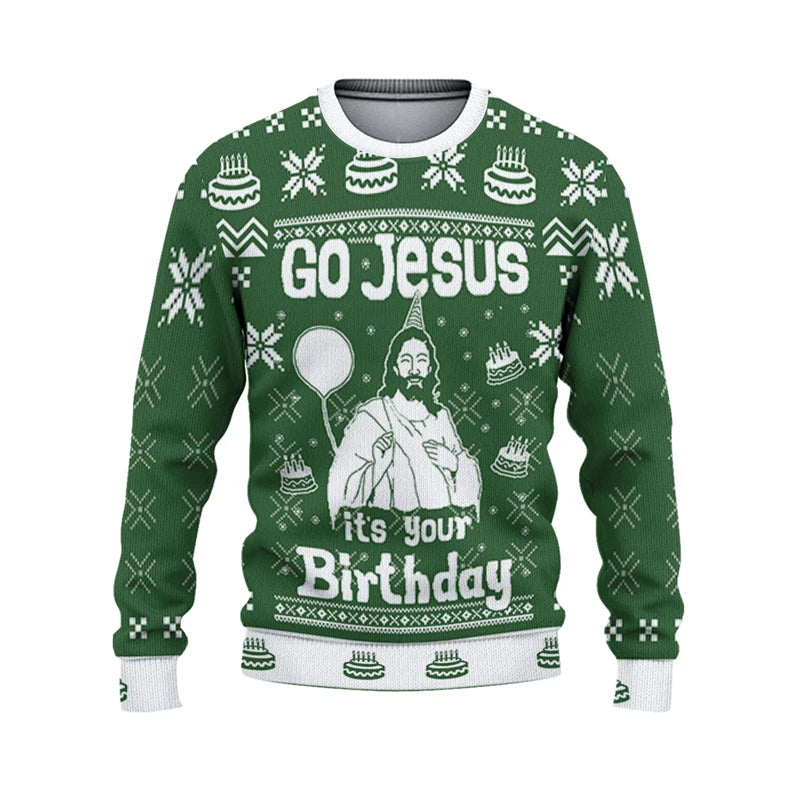 Green sweater with 'Go Jesus it's your Birthday' text and graphic on a white background