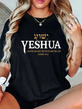 Person wearing a black t-shirt with 'Yeshua' text and John 14:6 quote.