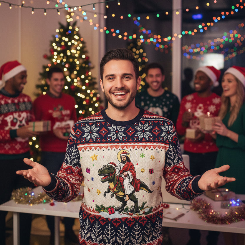 Ugly Christmas sweater with Jesus riding a dinosaur design on a white background
