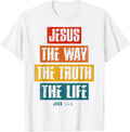 White t-shirt with colorful text design on a white background
