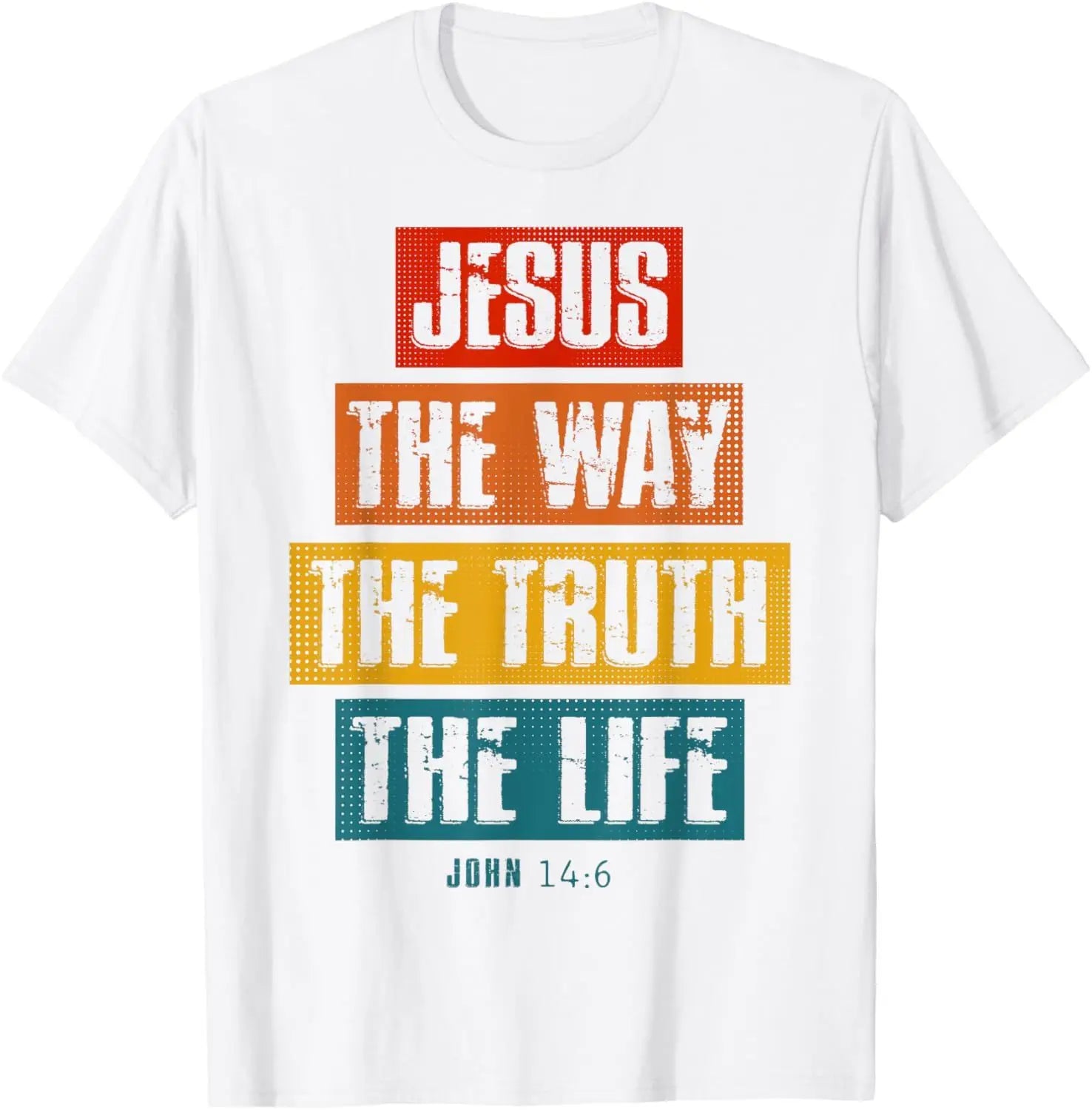 White t-shirt with colorful text design on a white background