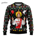 Sweater with a design of a birthday boy figure and festive patterns on a white background