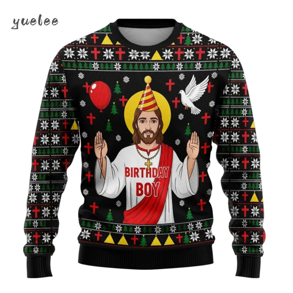 Sweater with a design of a birthday boy figure and festive patterns on a white background