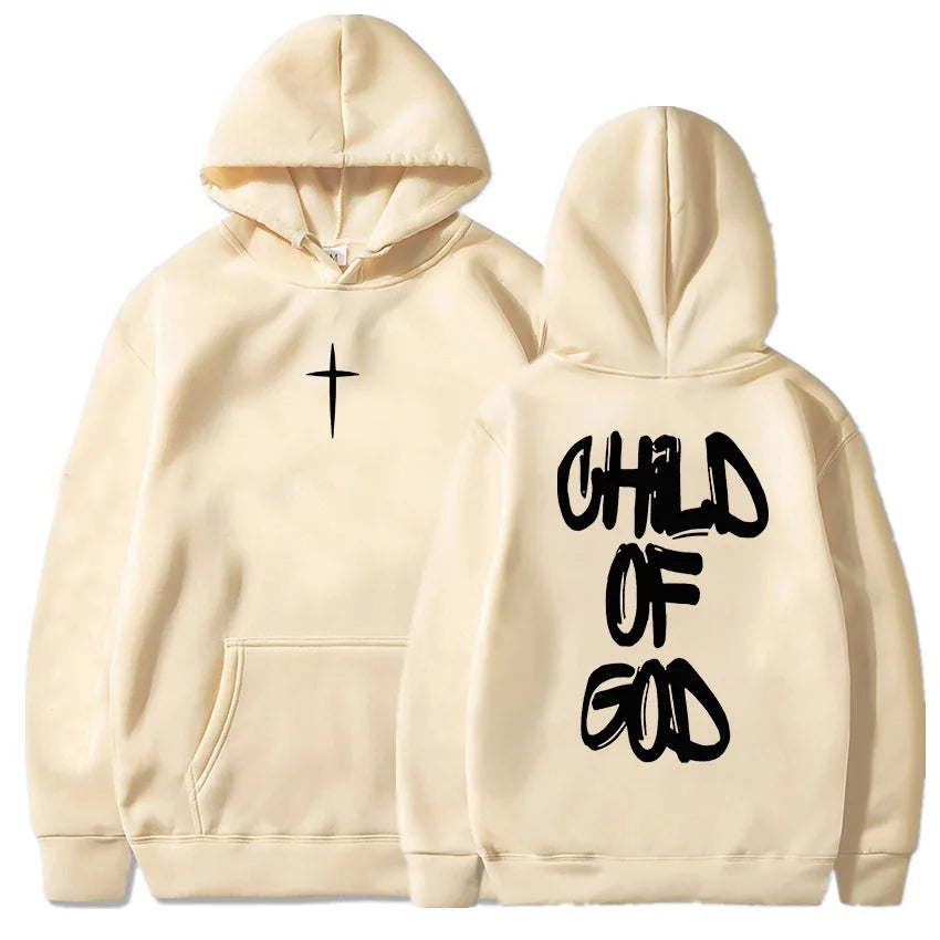 Beige hoodie with a cross on the front and 'Child of God' text on the back, shown from front and back views.