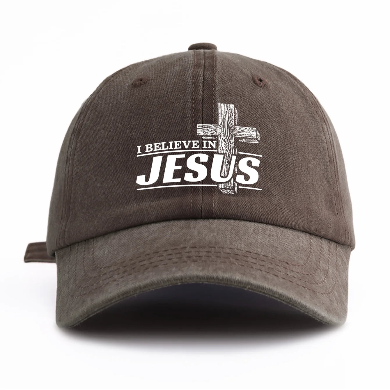 Brown cap with 'I Believe in Jesus' text and cross on a white background