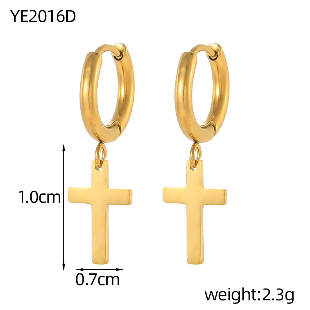 Gold hoop earrings with cross pendants, showing measurements and weight on a white background.