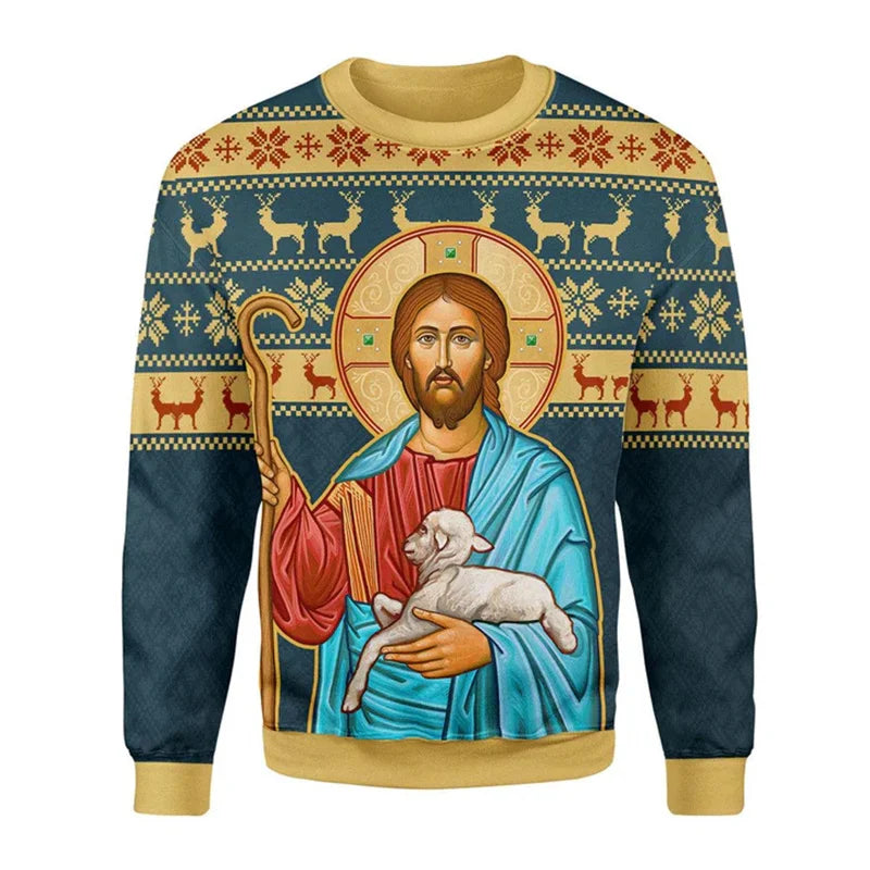 Sweater with religious design of a figure holding a lamb on a blue background with deer and floral patterns.