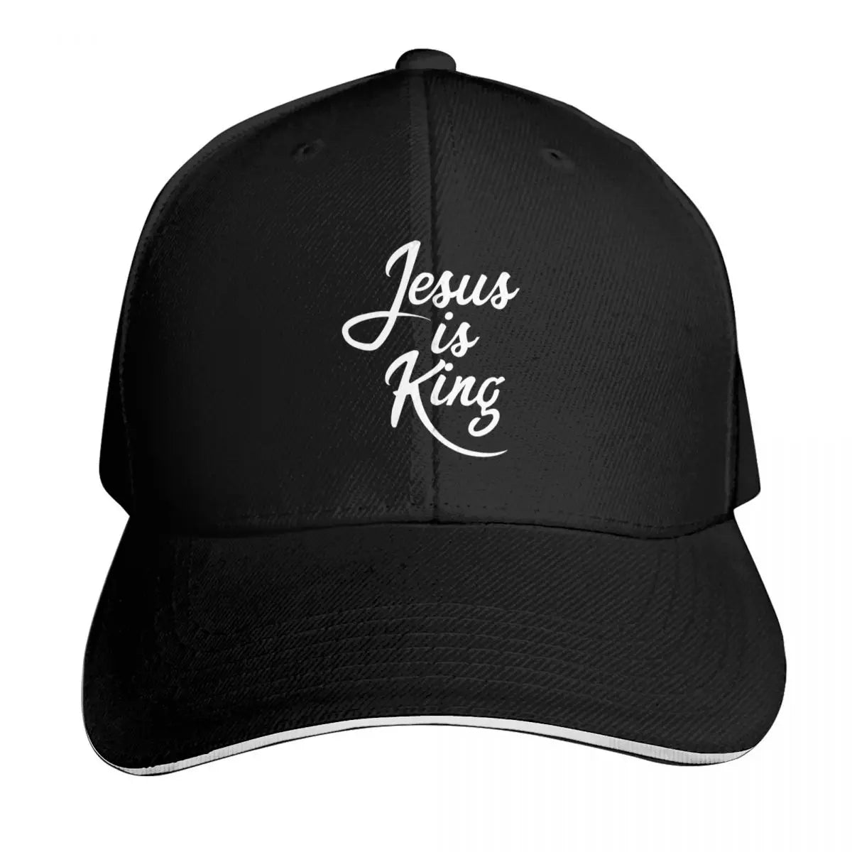 Black cap with 'Jesus is King' text on a white background