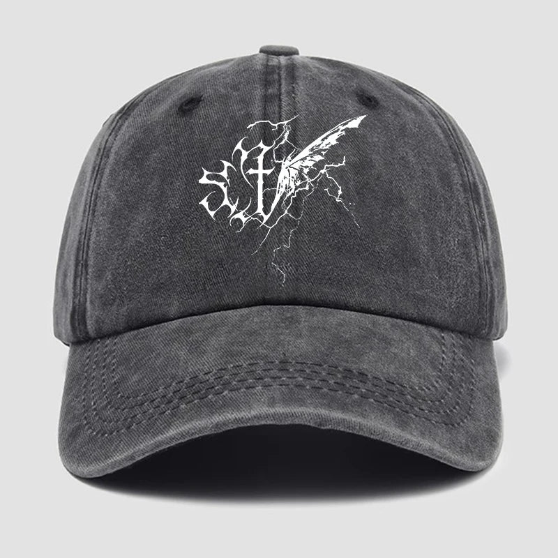 Black cap with white logo on a light gray background