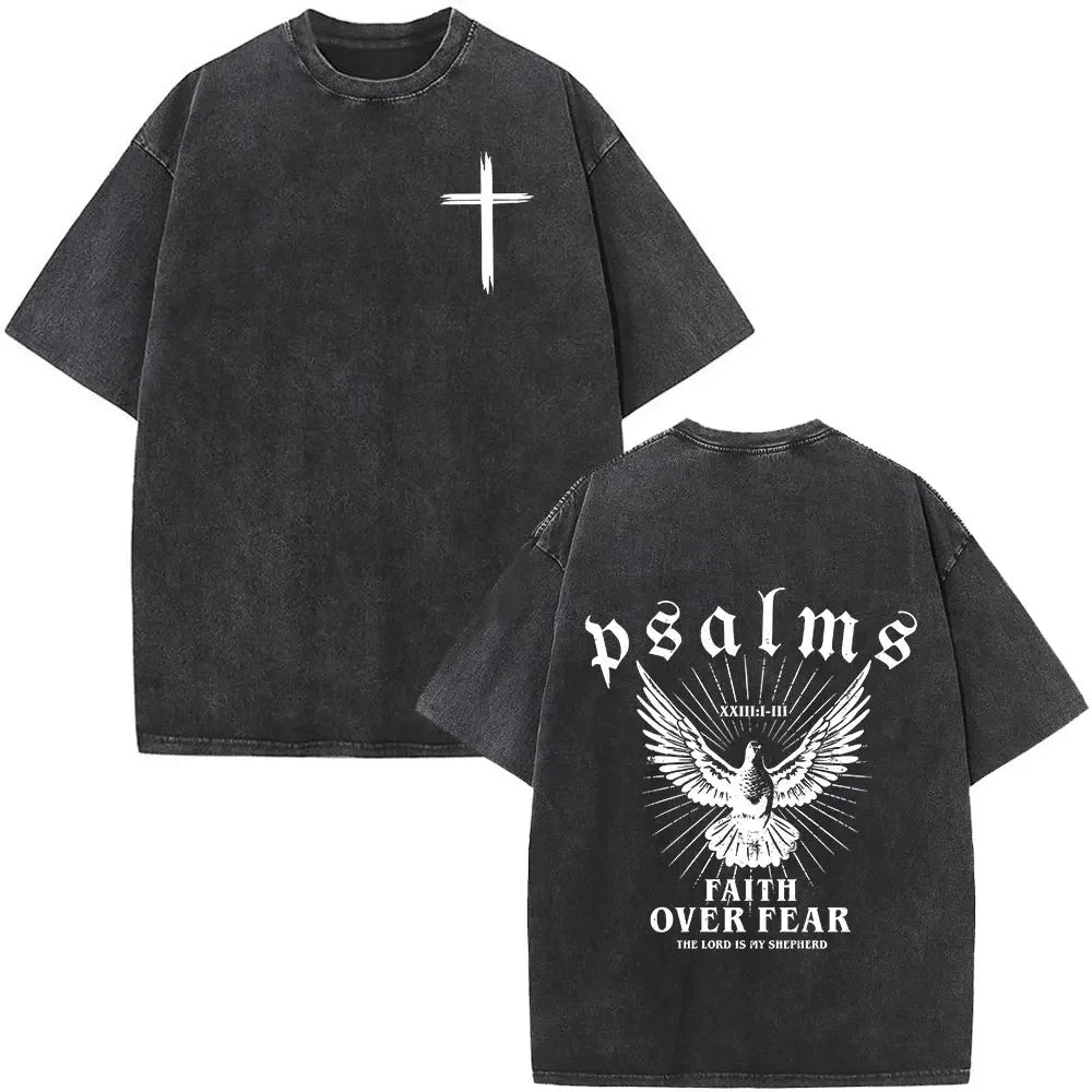 Black t-shirt with white crown design on front and text on back, on a white background