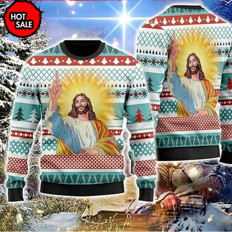 Christmas sweater with a religious design of a bearded figure, surrounded by Christmas trees and snowflakes.