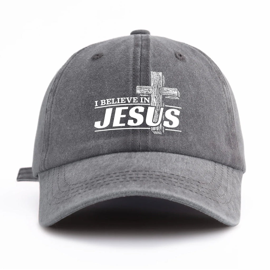 Gray cap with 'I Believe in Jesus' text and cross design on a white background