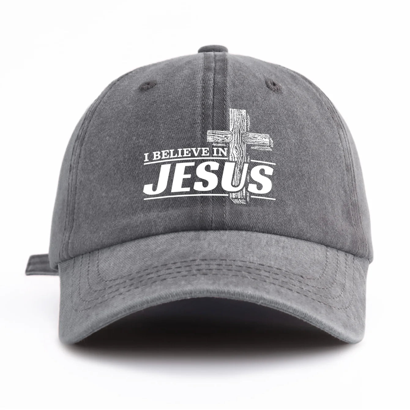 Gray cap with 'I Believe in Jesus' text and cross design on a white background