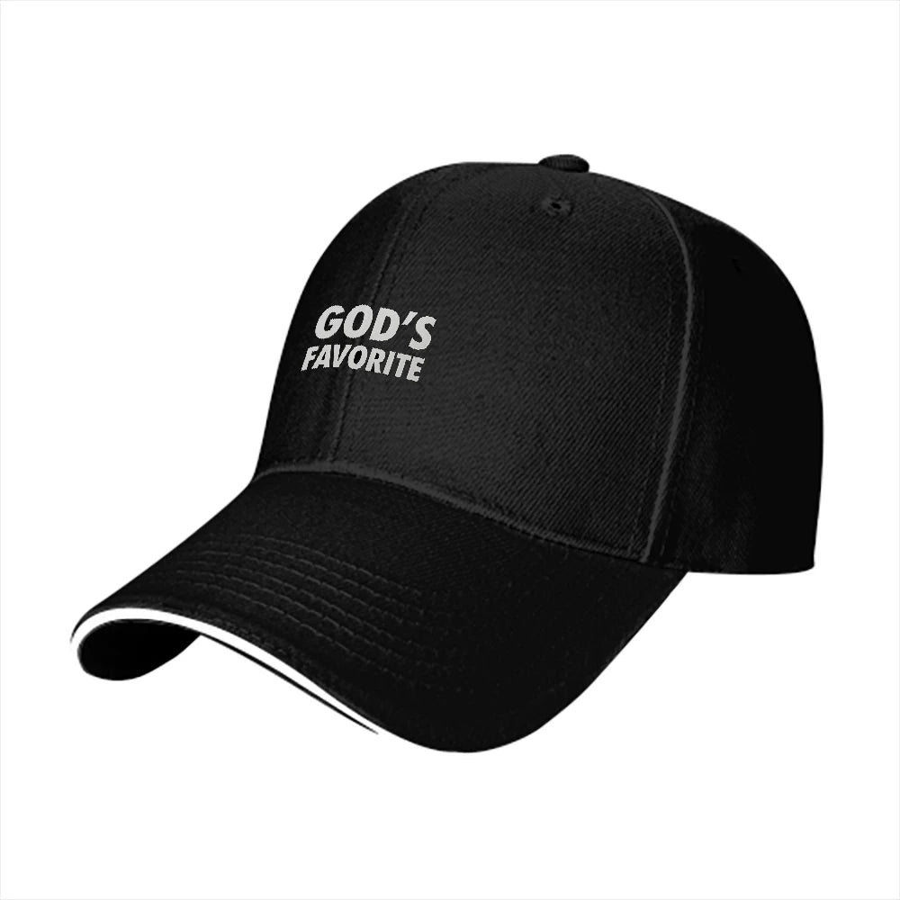 Black cap with  'God's Favorite' logo on a white background