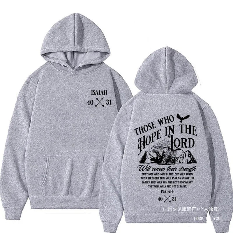 Gray hoodie with text and design on front and back, displayed on a white background.
