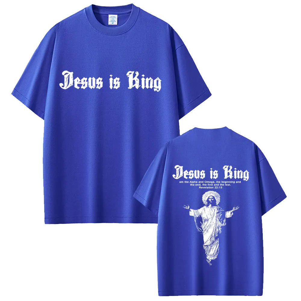Blue t-shirt with 'Jesus is King' text on front and back
