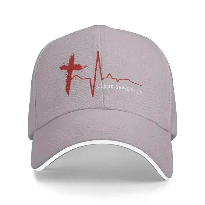 Gray cap with red cross and heart rate design on a white background