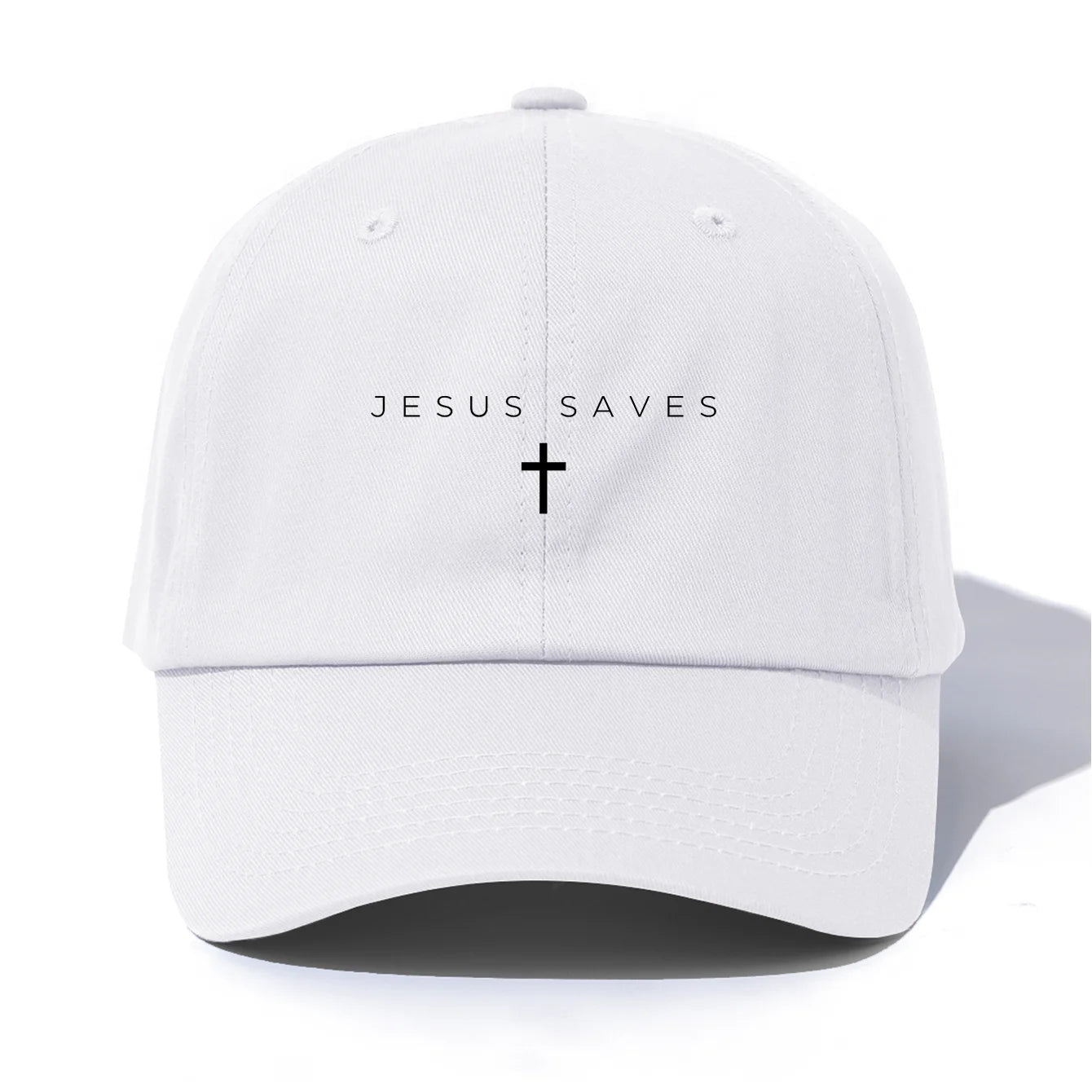 White cap with 'Jesus Saves' text and cross on a white background
