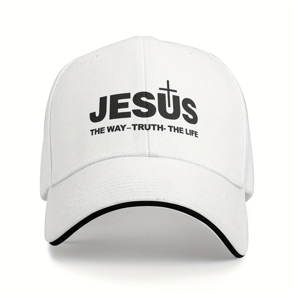 White cap with 'JESUS THE WAY TRUTH LIFE' text on a white background