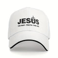 White cap with 'JESUS THE WAY TRUTH LIFE' text on a white background
