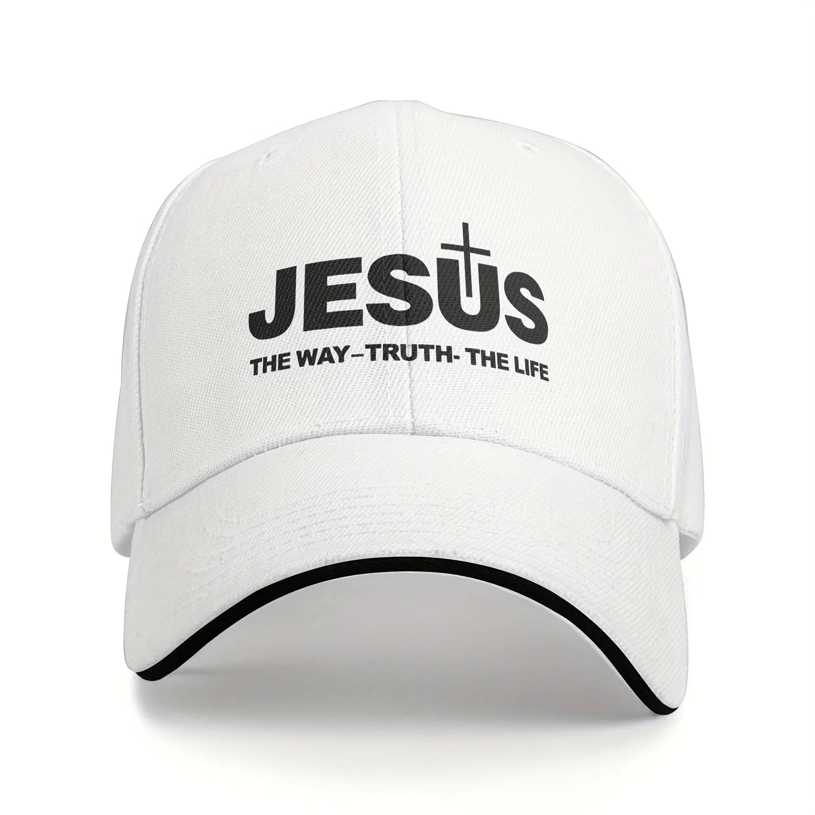 White cap with 'JESUS THE WAY TRUTH LIFE' text on a white background