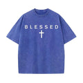 Blue t-shirt with 'BLESSED' text and cross on a white background