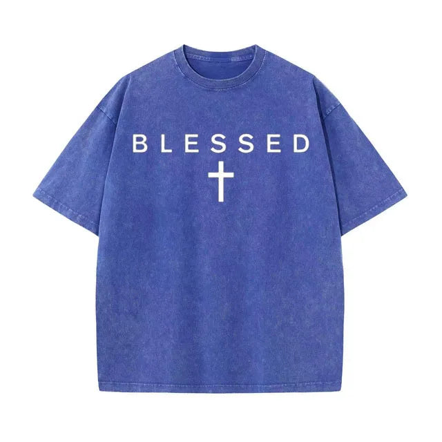 Blue t-shirt with 'BLESSED' text and cross on a white background