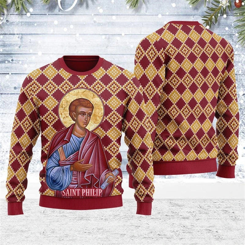 Red and gold argyle sweater with an illustration of Saint Philip on a wooden background.