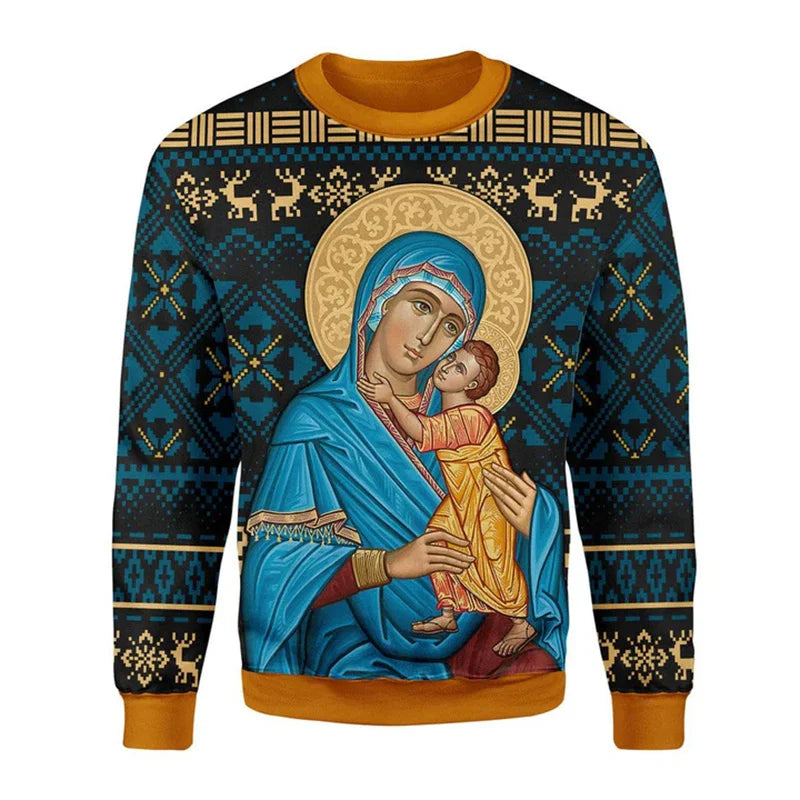 Sweater with religious icon design featuring a figure in blue and gold holding a child, on a patterned background.
