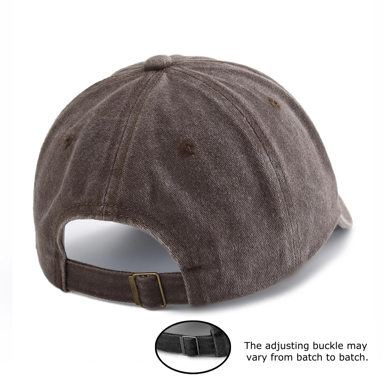 Brown baseball cap with an adjustable buckle on a white background