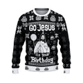 Black sweater with white text and graphics on a white background