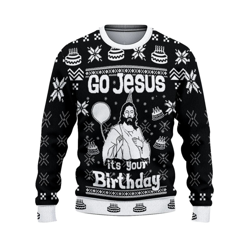 Black sweater with white text and graphics on a white background