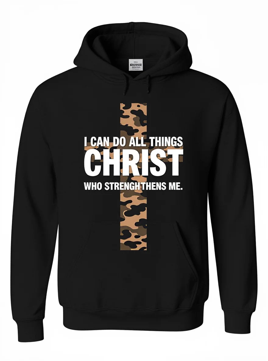 Black hoodie with a camouflage cross design and 'Philippians 4:13' text on a white background