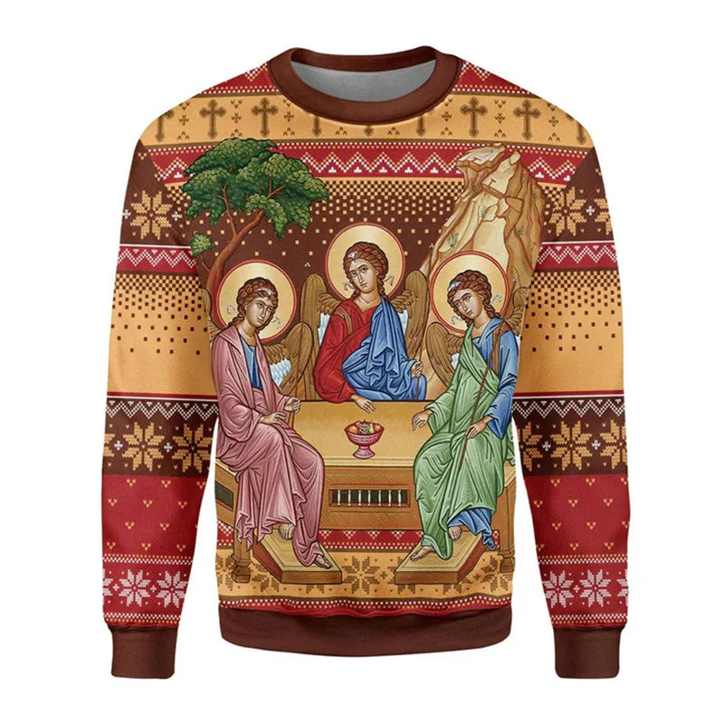 Sweater with religious iconography and pattern on a white background