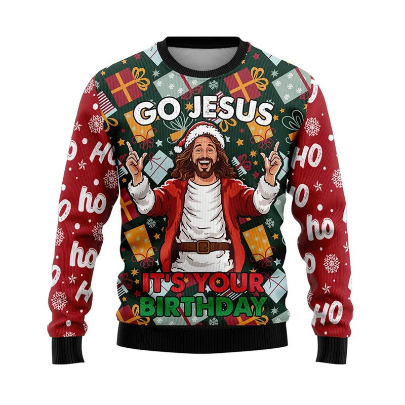 Christmas-themed sweater with a graphic of Jesus and text on a white background